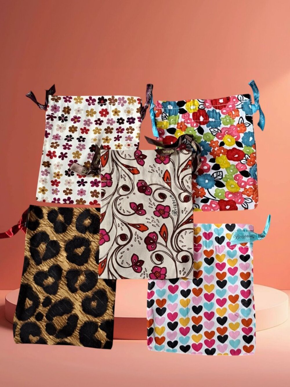 Lot Of 5 Brighton Drawstring Jewelry Multi Color Fabric Dust Bags Small 6"x5" **